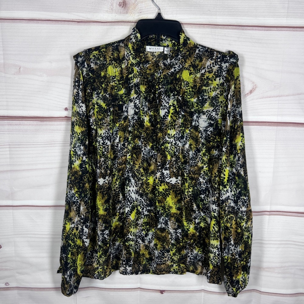 Masai Copenhagen Floral Blouse Womens XS Yellow Long Sleeve Button Front Ruffles